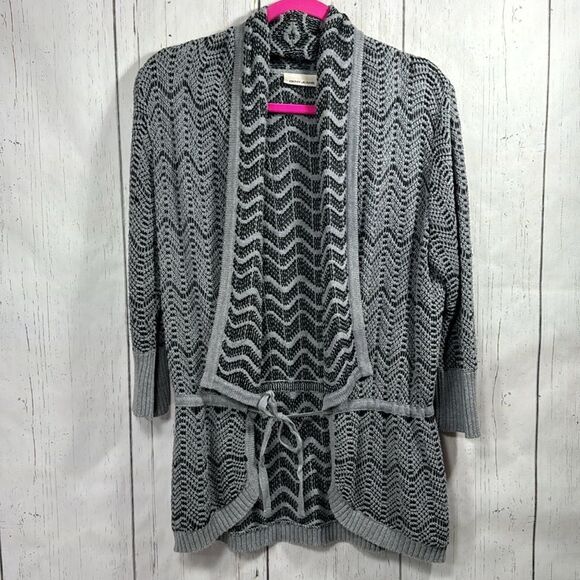 DKNY Jeans Gray Chevron Knit Belted Cardigan Cozy Minimalist Soft Grunge - Picture 5 of 13
